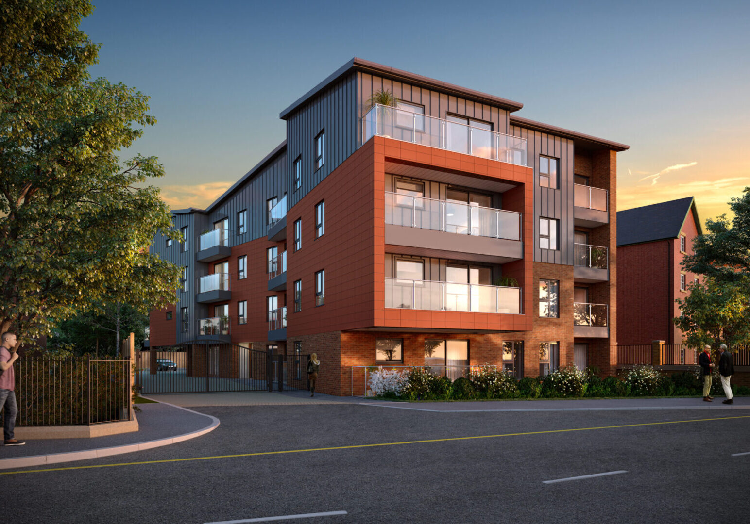 Modern apartment building with balconies.